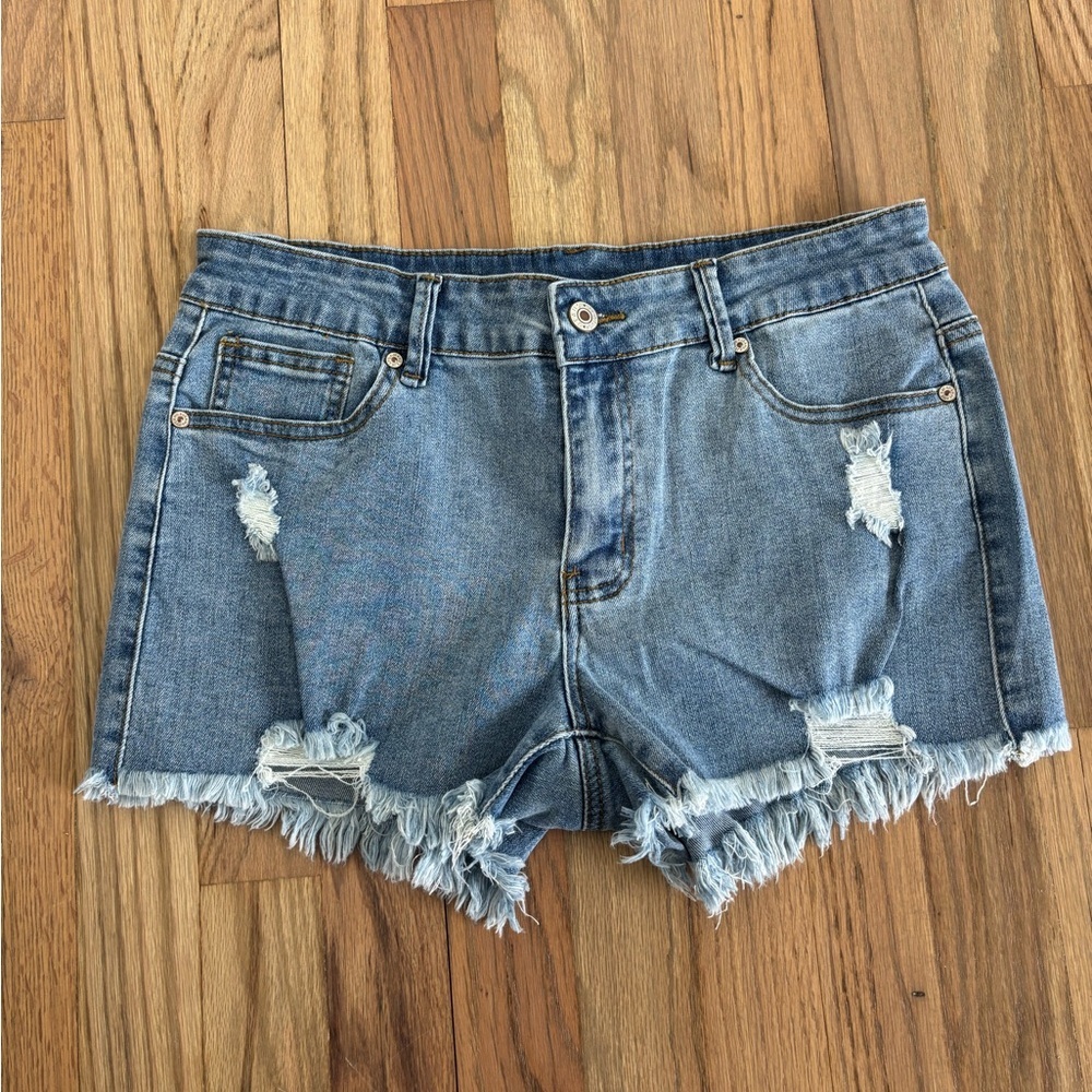 Denim Shorts Medium Wash Distressed Frayed Zip L